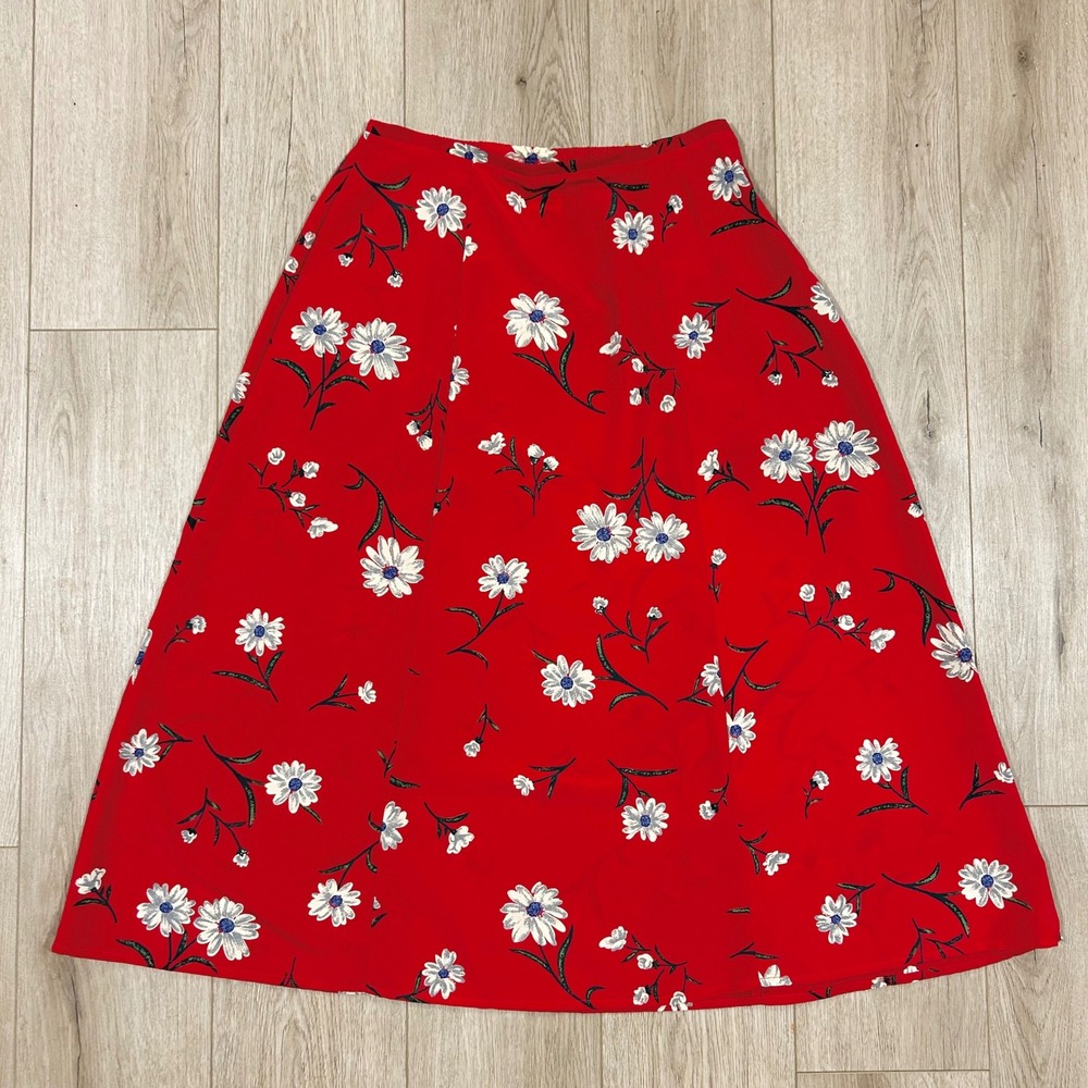 Kathy Ireland Vintage Red Floral Daisy Midi Skirt Womens Large 90s A-Line‎ 30"